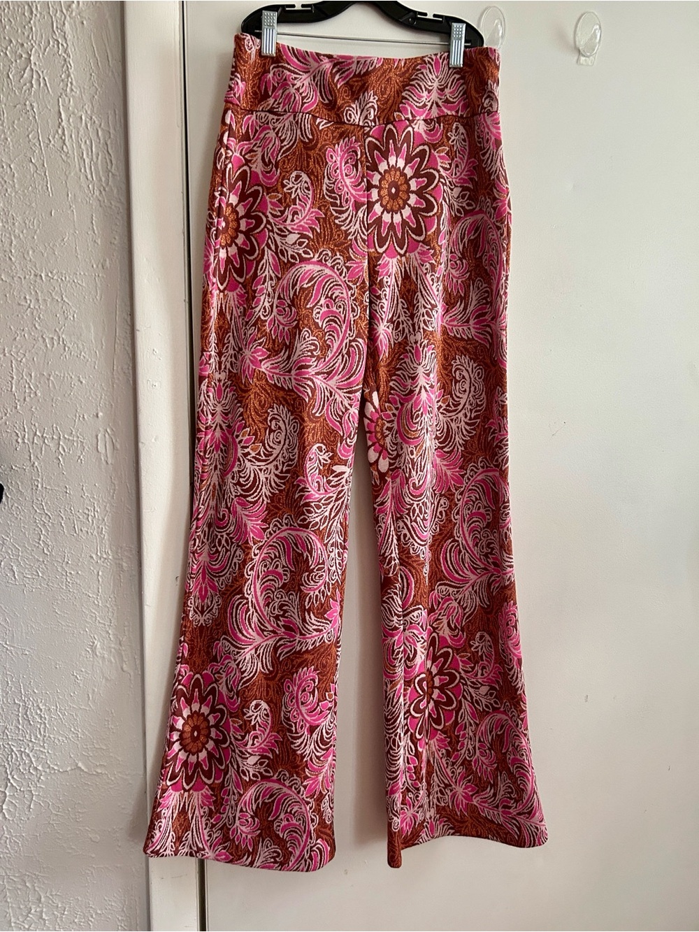 Anthropologie Pink and Brown Floral Paisley Wide-Leg Pants